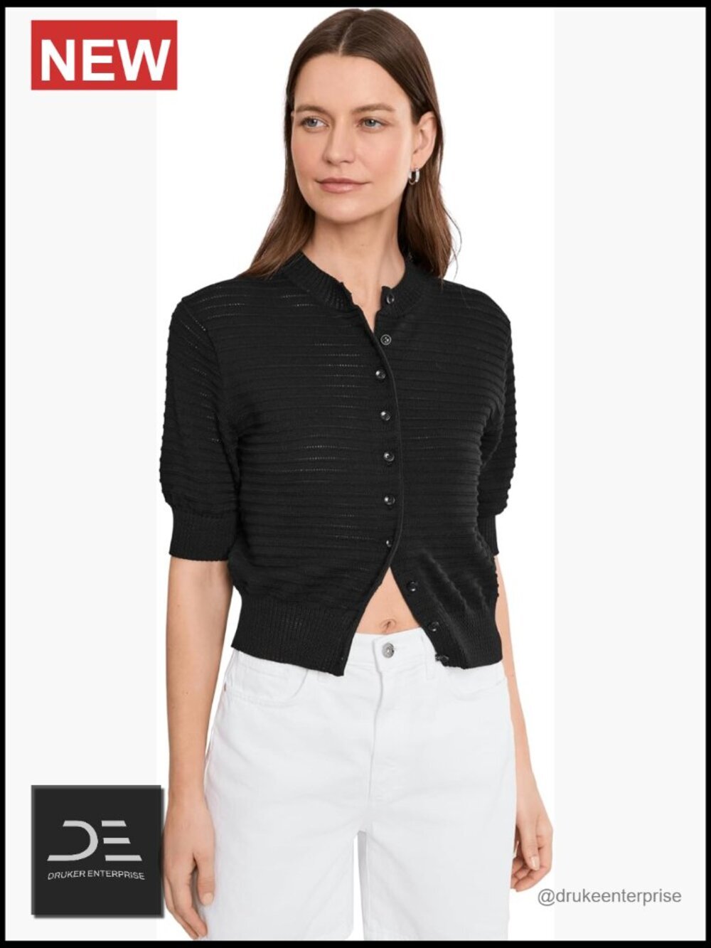 Cotton Stitch Cardigan - Button Front, Ribbed, Short Sleeve